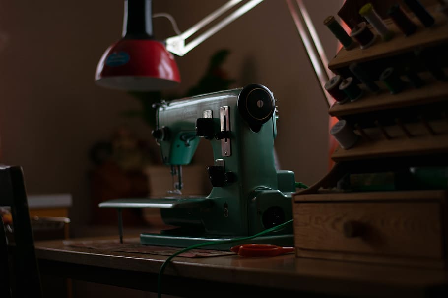 green sewing machine on table, appliance, electrical device, tabletop HD wallpaper