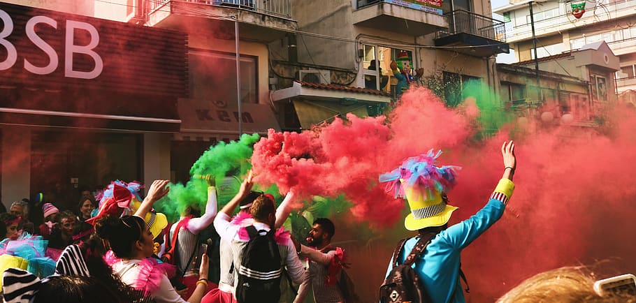 People Spraying Assorted Color Of Smoke, celebration, color splash, HD wallpaper