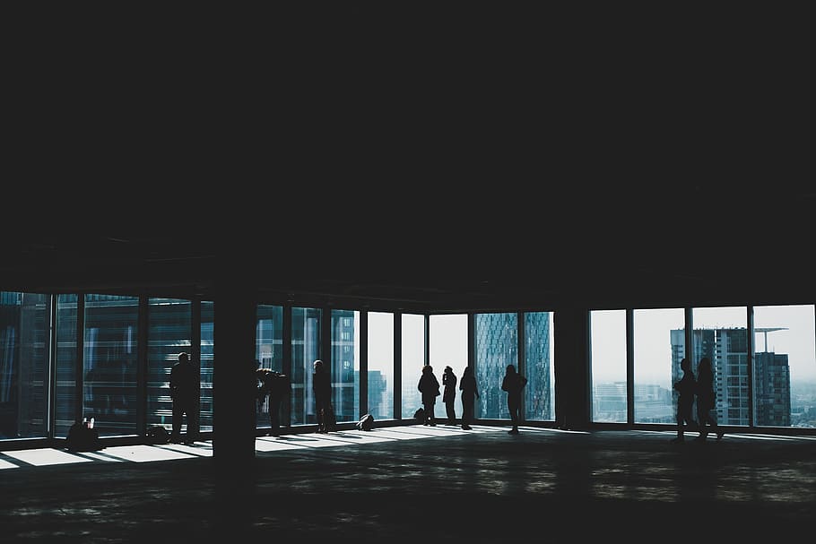 people walking near glass window inside building, person, silhouette