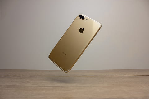 gold iPhone 7, mobile phone, electronics, cell phone, wood, contact lens HD wallpaper