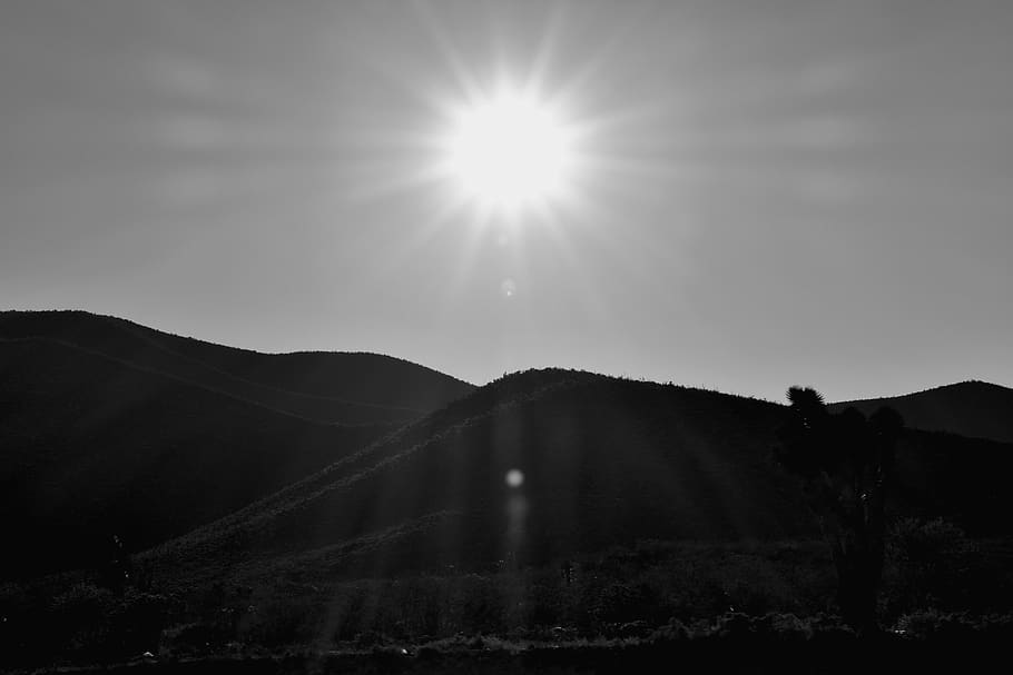 mexico, saltillo, sun, landscape, mountains, black and white, HD wallpaper