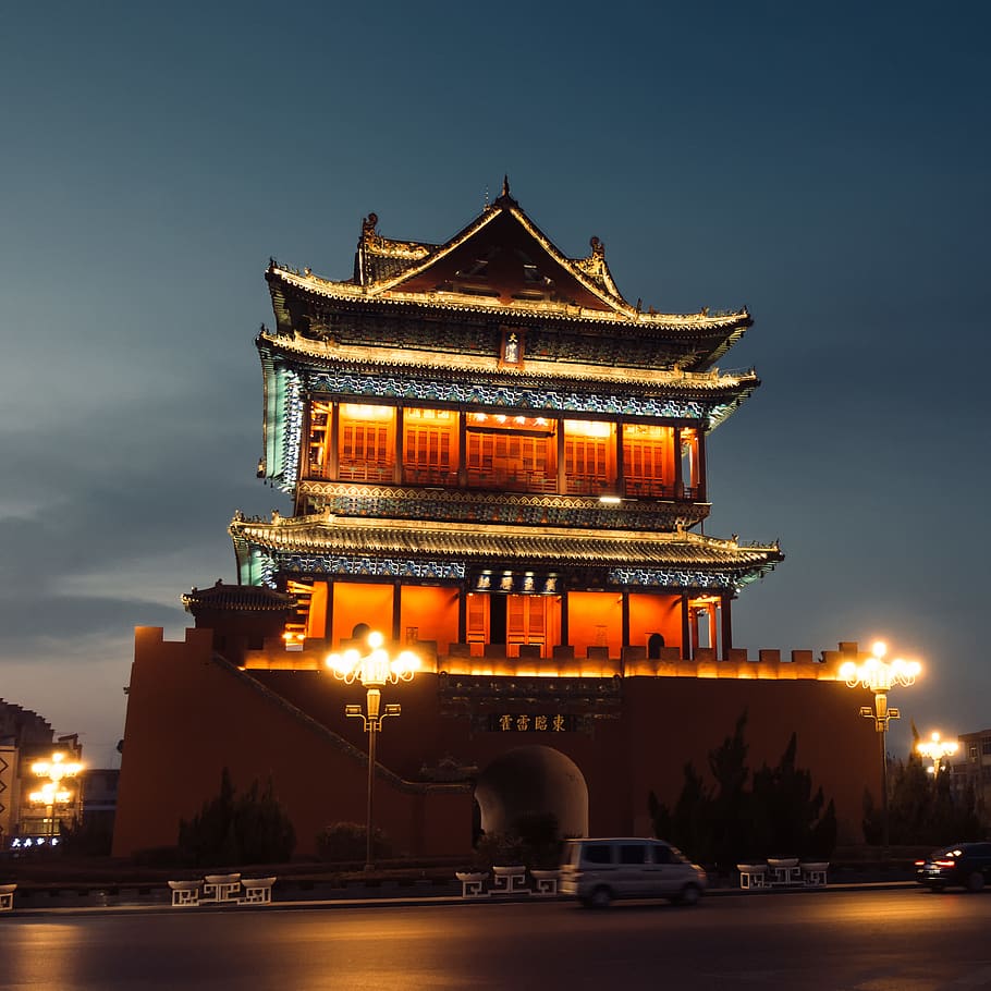 lighted temple during night time, architecture, building, shrine HD wallpaper