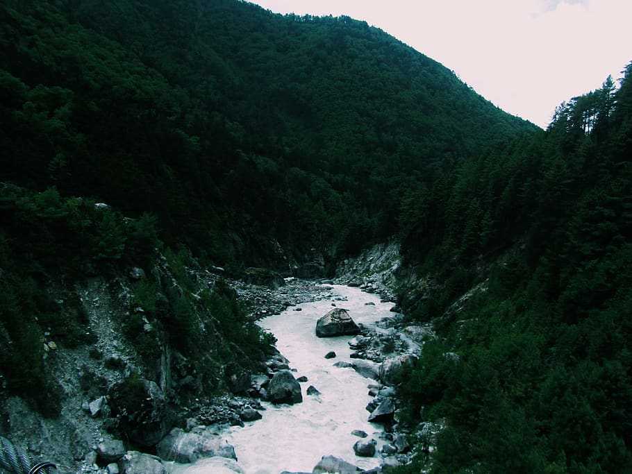 nepal, wallpaper, mountain, river, peaceful, plant, tree, beauty in nature HD wallpaper