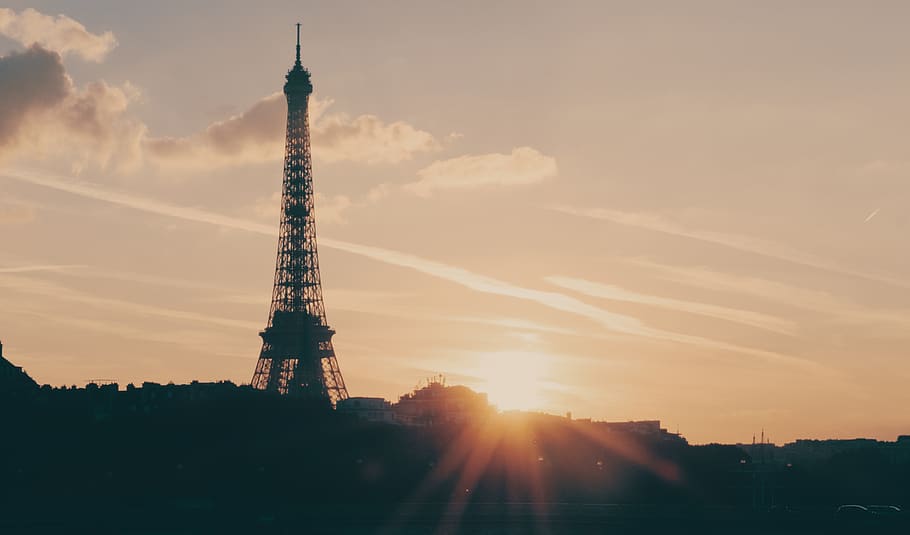 france, paris, sunset, eiffel tower, dramatic, sky, built structure HD wallpaper