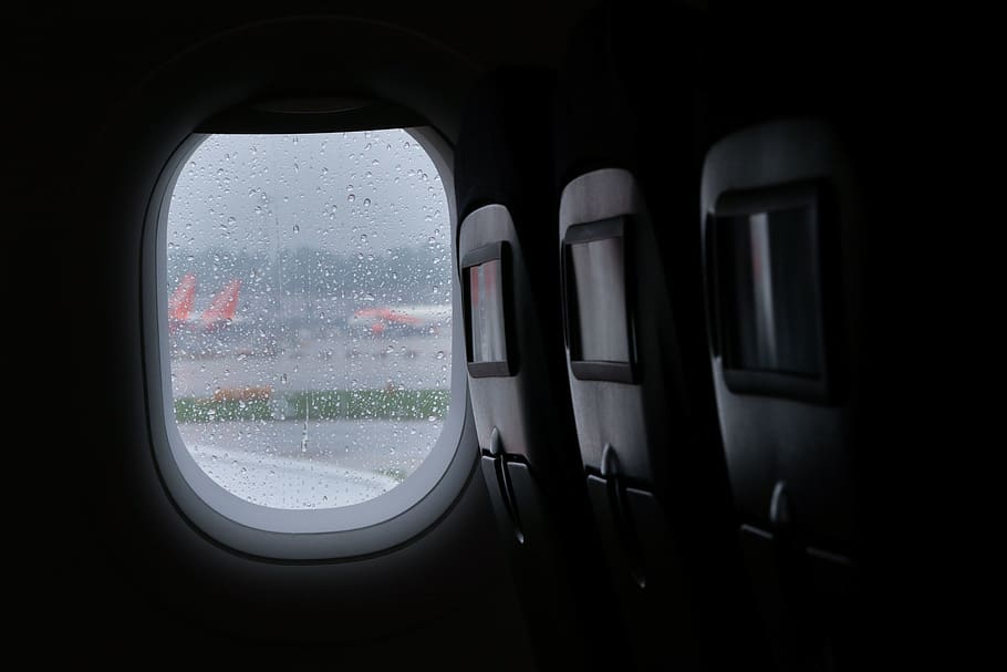 airplane window, porthole, travel, storm, airport, rain, seat
