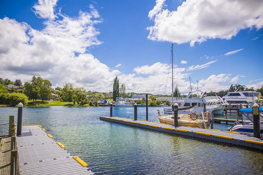 Wooden Dock Under Blue and White Sunny Cloudy Sky, boats, clouds HD wallpaper