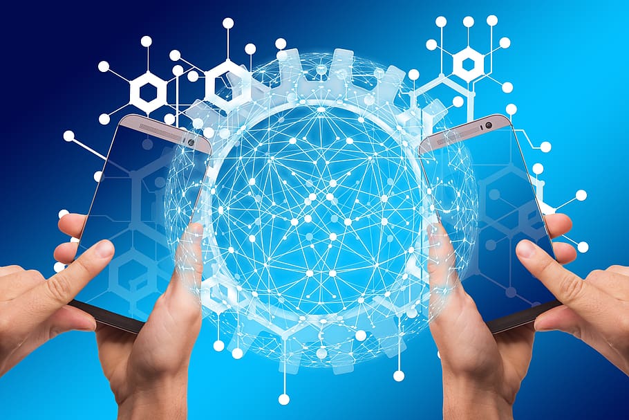 smartphone, network, gear, gears, block chain, globe, digitization HD wallpaper