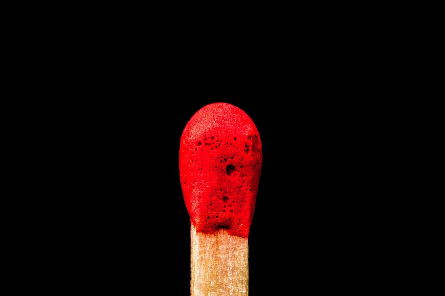 Red Match, close-up, macro, match head, wood, black background, HD wallpaper