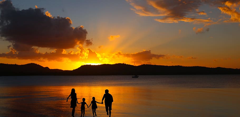 sunset, family, vacation, beach, families, children, human
