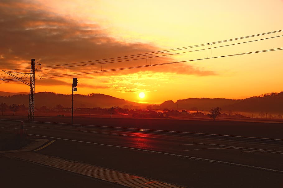 sunrise, path, road, track, morning, landscape, sunset, sky HD wallpaper