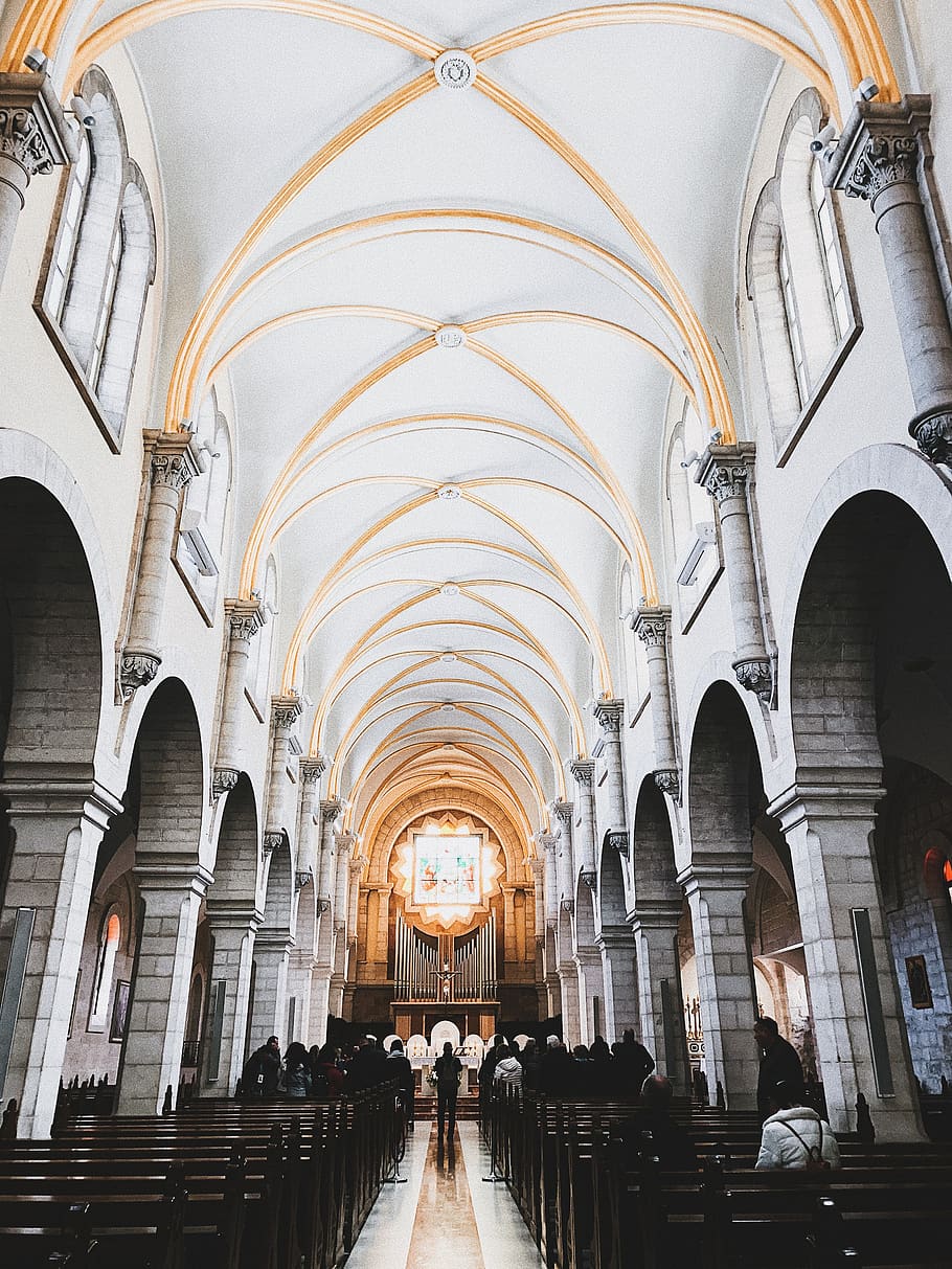 people gathering on cathedral, arch, architecture, built structure HD wallpaper