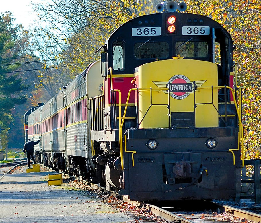 Black and Yellow Train Near Green Trees during Daytime, railroad HD wallpaper
