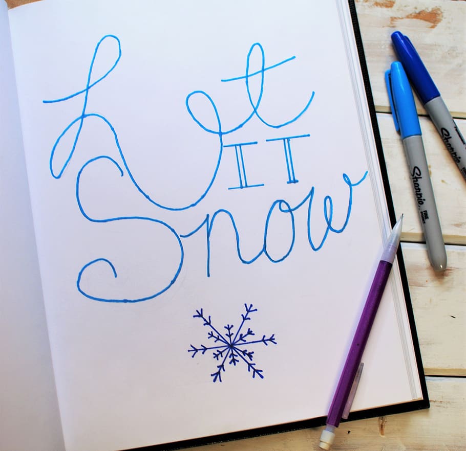 let, it, snow, lettering, snowflake, blue, purple, white, season HD wallpaper