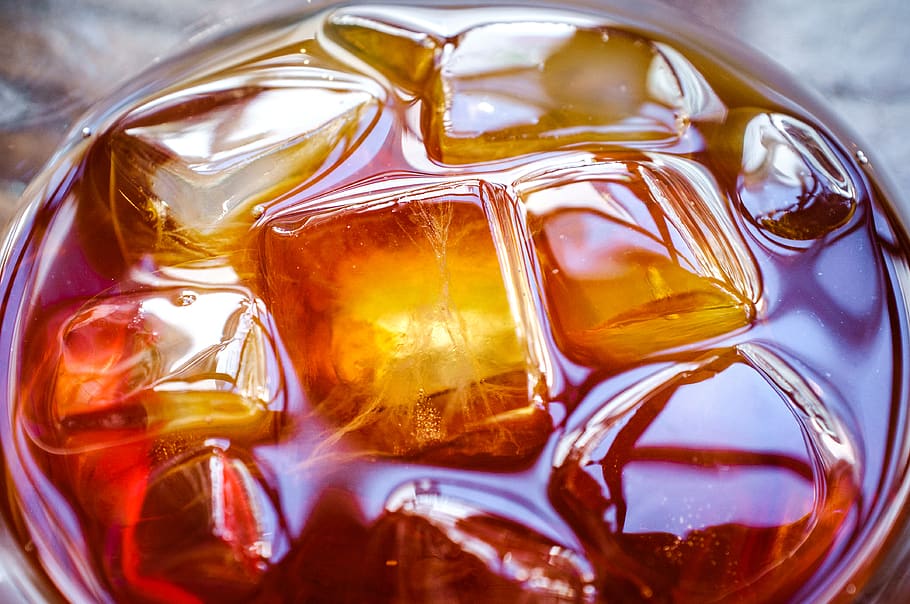ice, ice coffee, liquid, orange, brown, food and drink, close-up HD wallpaper