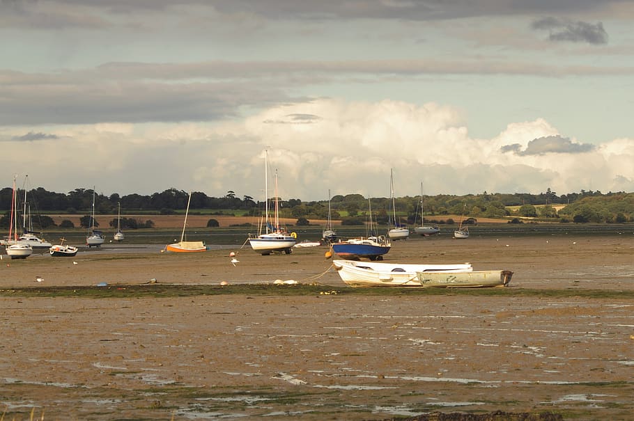boat, coast, low tide, nautical vessel, transportation, cloud - sky HD wallpaper