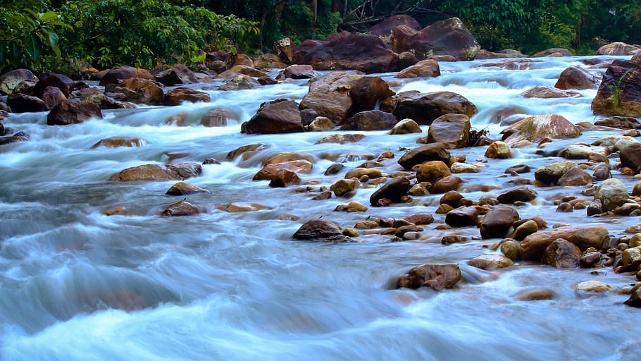 water, rocks, flows, slow shutter, long exposure, nature, landscape, HD wallpaper