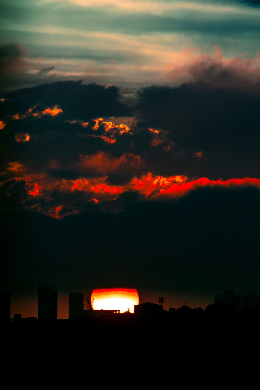 sky, sun, color, sunset, cloud, landscape, silhouette, city, HD wallpaper