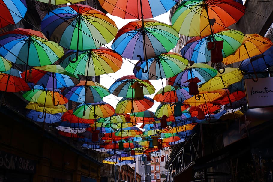 assorted-color umbrella lot, multi colored, low angle view, built structure HD wallpaper