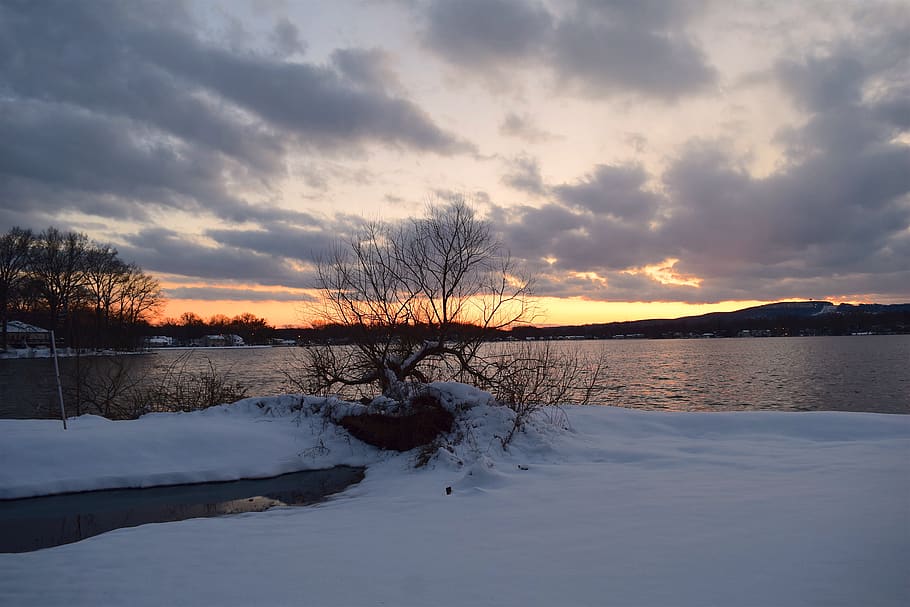 snow, winter, sunset, lake, cold, nature, landscape, clouds HD wallpaper
