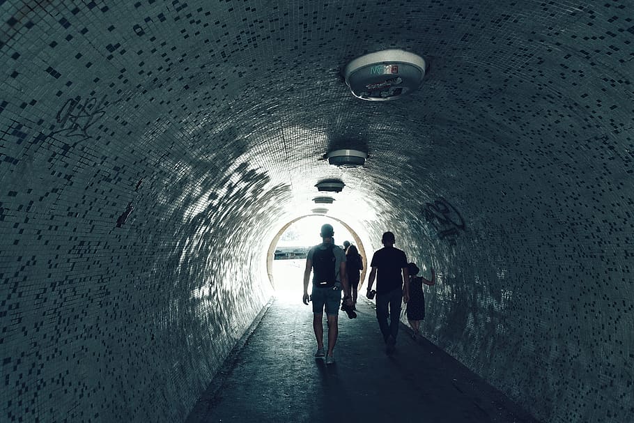 people walking under tunnel, architecture, indoors, men, full length HD wallpaper