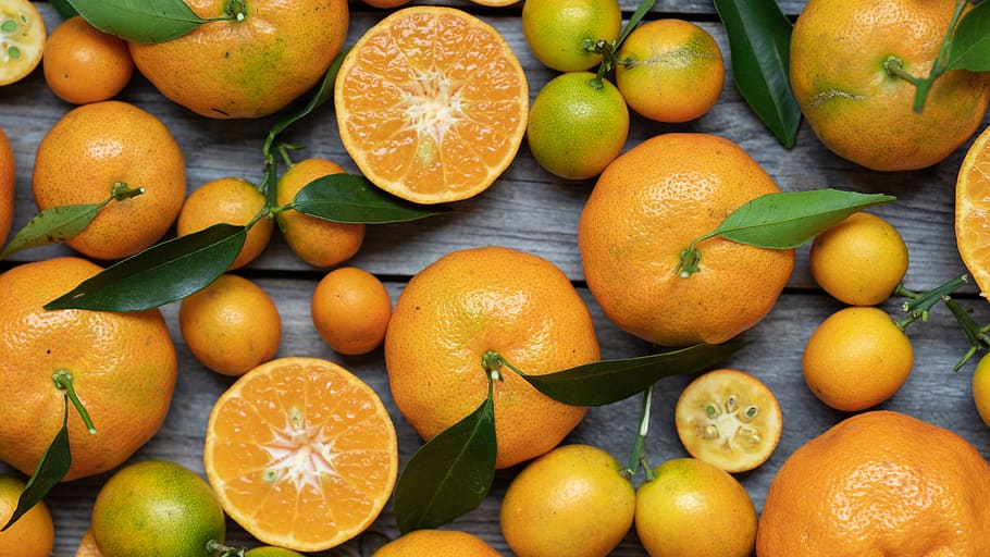 orange fruits on gray wooden surface, food, plant, citrus fruit