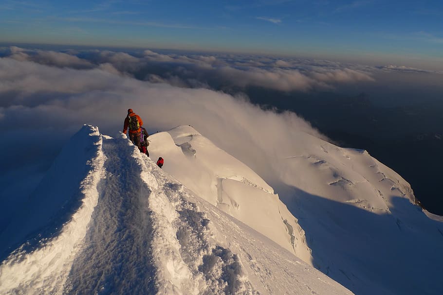 descent, view, mountain top, clouds, snow, winter, leisure activity HD wallpaper