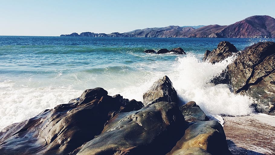 wafe, beach, ocean, rock, landscape, sea, shore, blue, rocky HD wallpaper