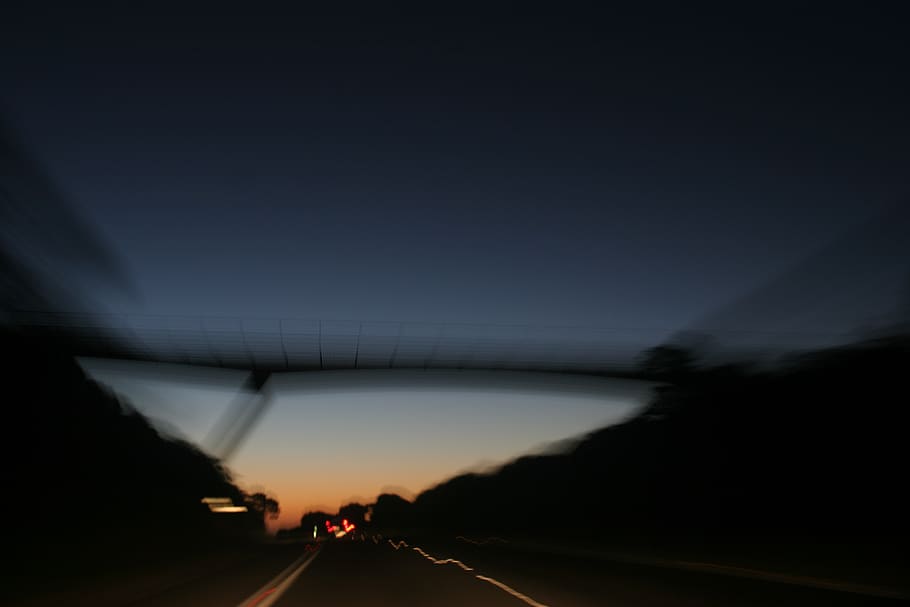 night, dark, motion, drive, road, bridge, sky, skyline, blur, HD wallpaper