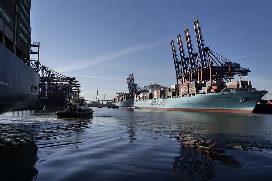 hamburg, port, port city, container, container ship, tug, mirroring HD wallpaper