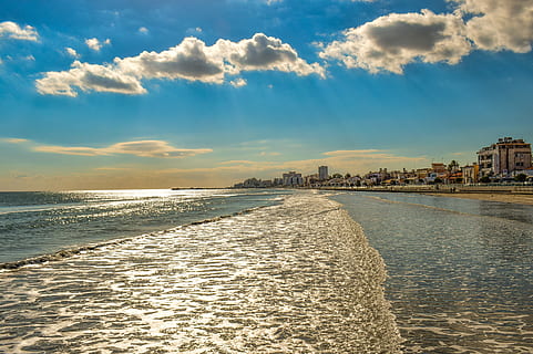 cyprus, larnaca, town beach, promenade, buildings, sky, clouds HD wallpaper