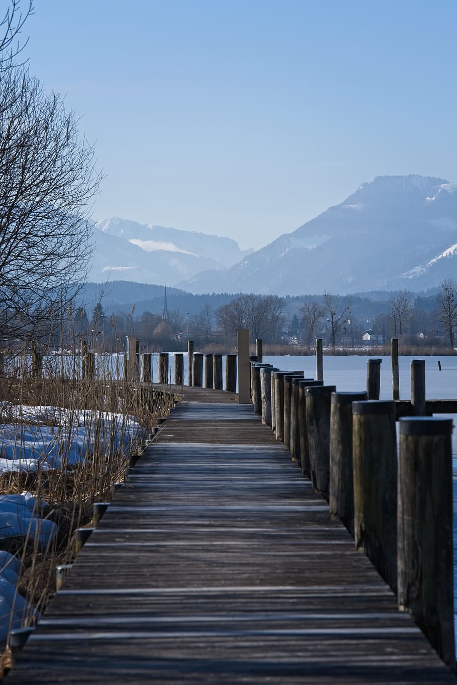 winter, boardwalk, web, water, lake, landscape, chiemsee, upper bavaria HD wallpaper
