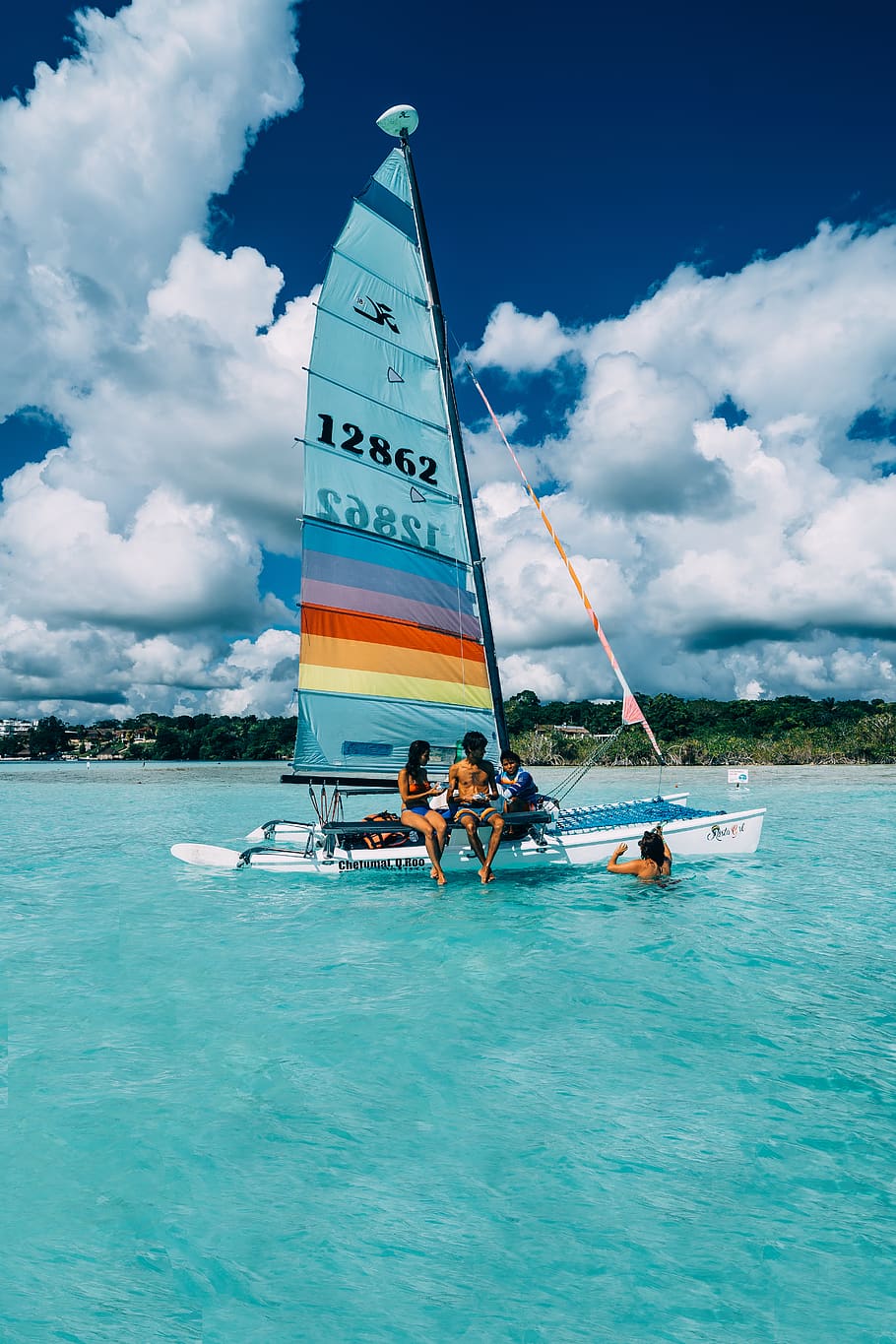 Blue and Red Sailing Boat, clouds, daylight, landscape, nature HD wallpaper