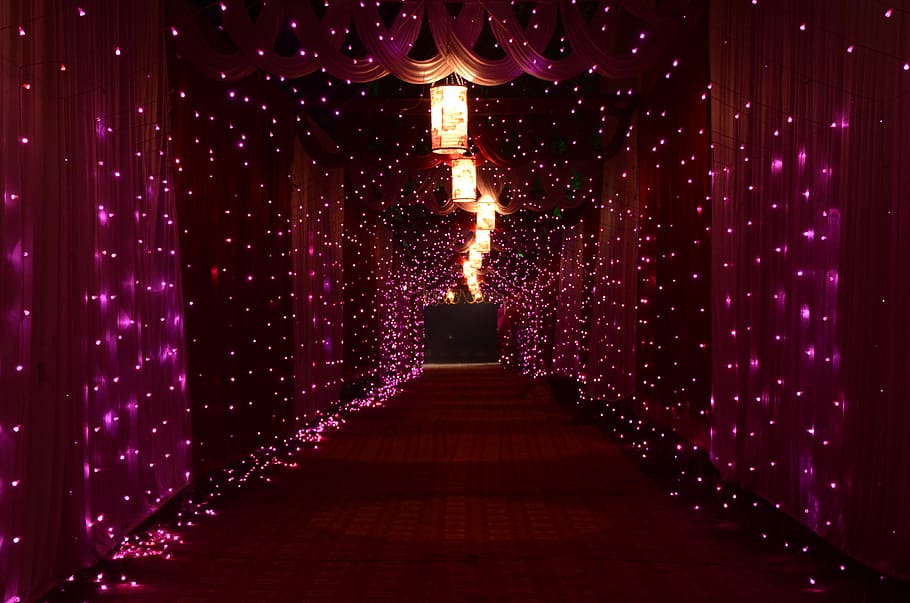 Purple String Lights and Lamps With Curtains, christmas lights