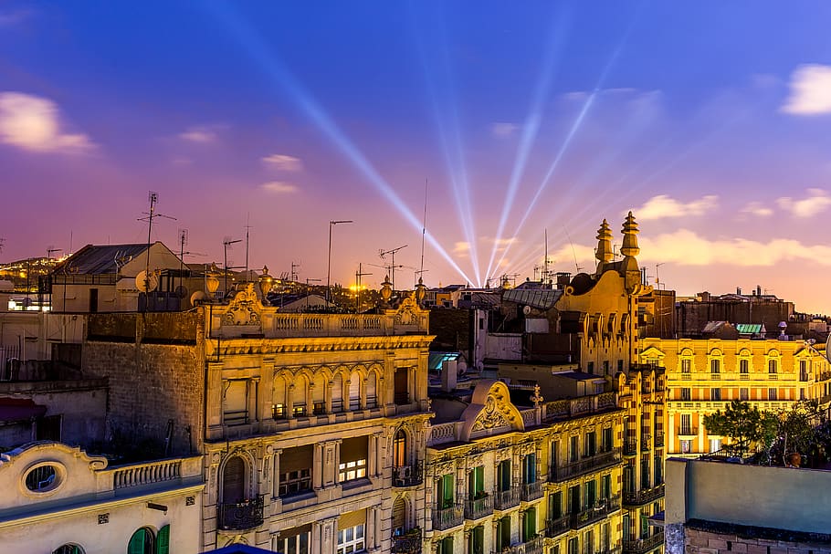 spain, barcelona, rooftop, light, sunset, cityscape, architecture HD wallpaper