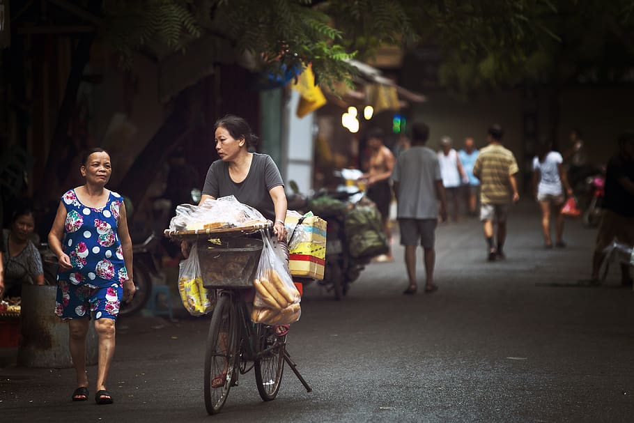 street food, hanoi, market, women, bicycle, real people, full length, HD wallpaper