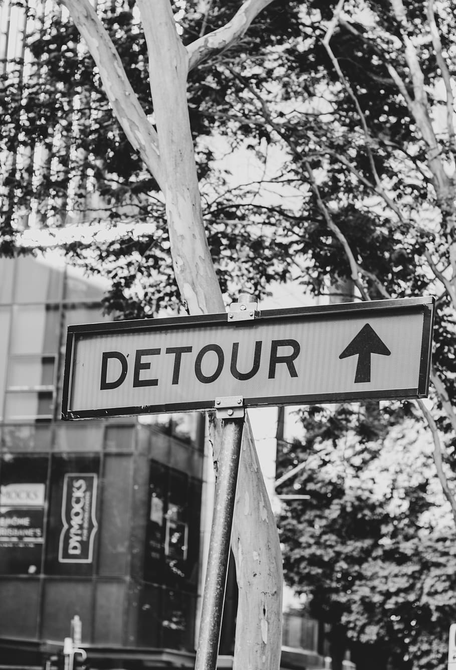 grayscale photo of detour signage, symbol, road sign, stopsign