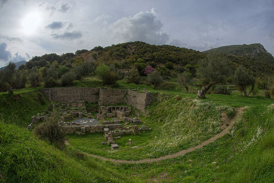 greece, arcadia, spring, ancient, architecture, plant, sky HD wallpaper