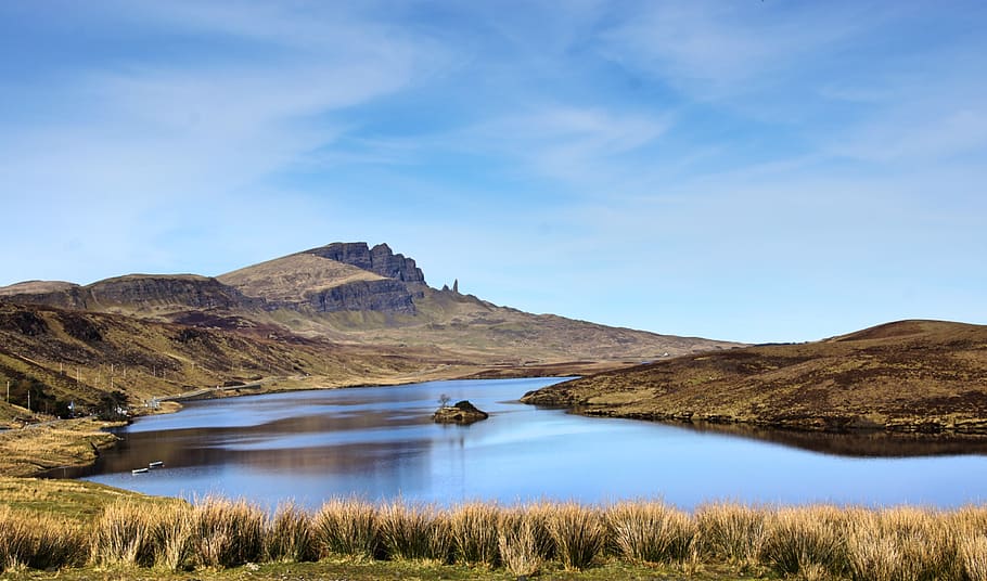 united kingdom, portree, scotland, lake, mountains, island, HD wallpaper