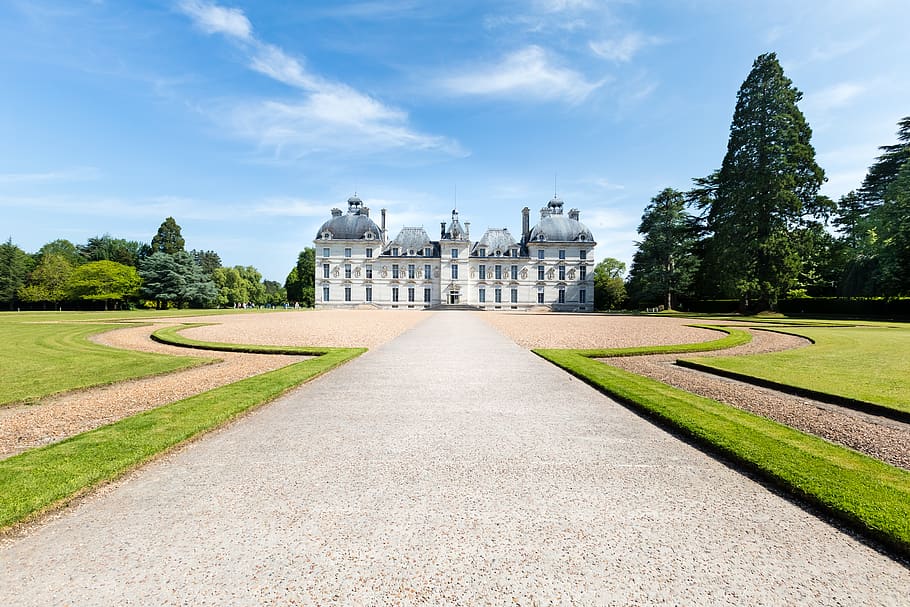 white and gray paint castle, architecture, sky, plant, built structure HD wallpaper