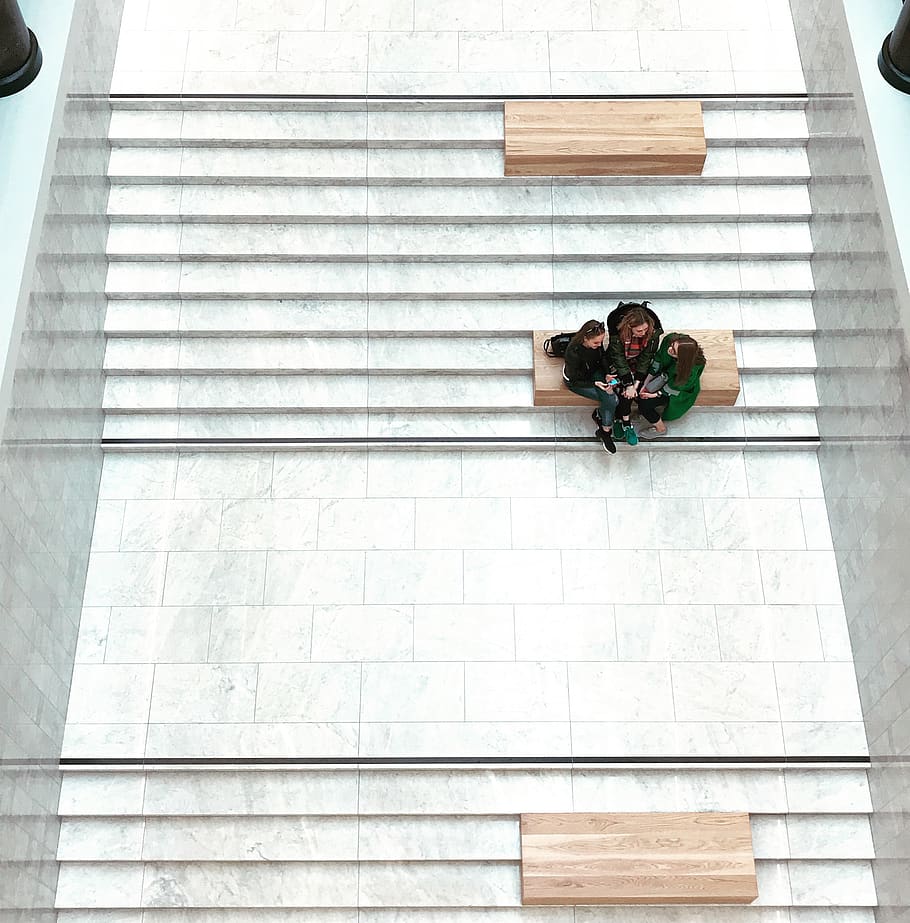 Aerial View of Women Sitting on Bench, benches, bird's eye view, HD wallpaper