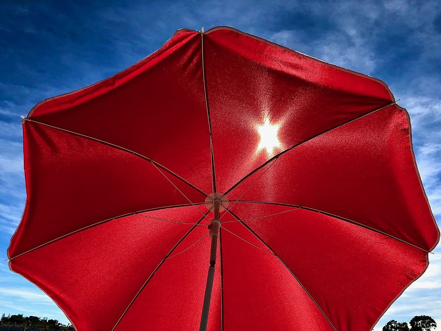 red, umbrella, beach, wallpaper, outdoor, sku, clouds, sun HD wallpaper