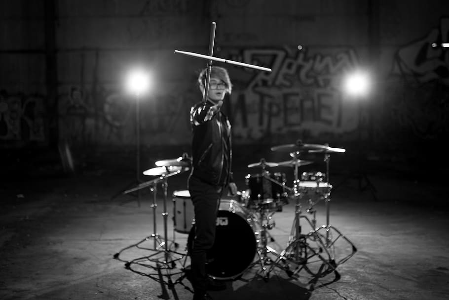 grayscale photography of man holding drum sticks, person, human, HD wallpaper