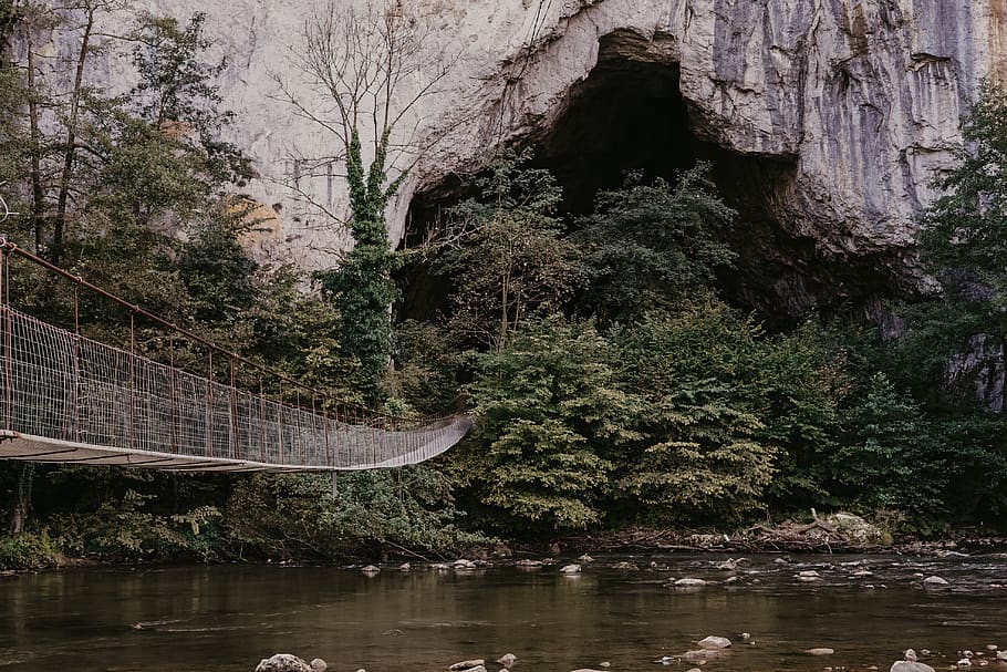 bridge heading cave covered with plants, building, rope bridge HD wallpaper