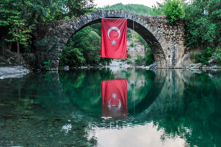 Turkey Flag Hanging On Bridge, architecture, reflection, water HD wallpaper