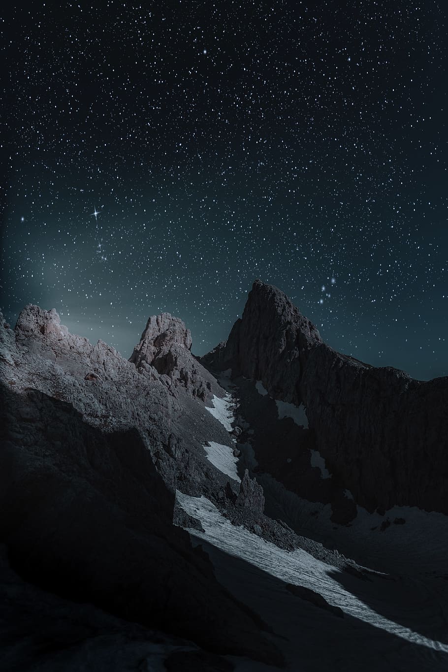 brown mountain at nighttime, moon, starry sky, astrophotography