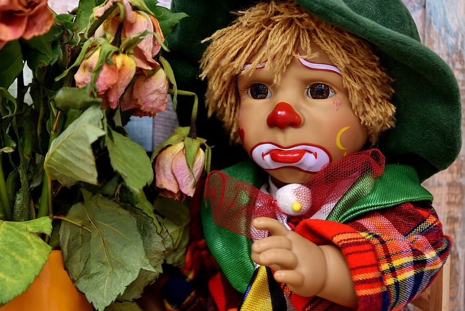 clown, sad, roses, withered, doll, cute, children, colorful HD wallpaper