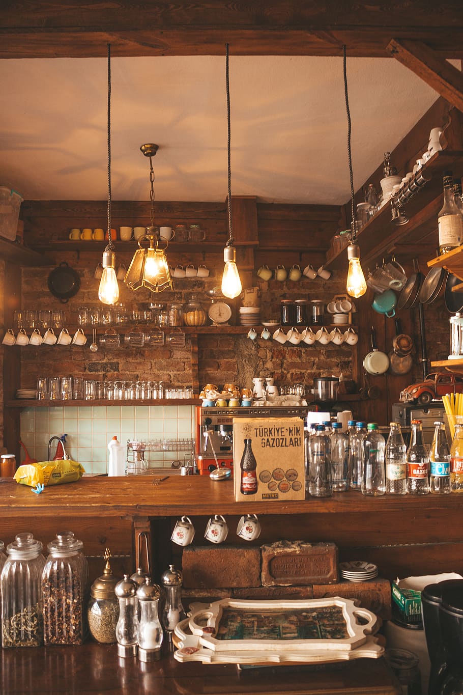 Empty Bottles and Pendant Lamps Turned on, bar, beverage, container HD wallpaper