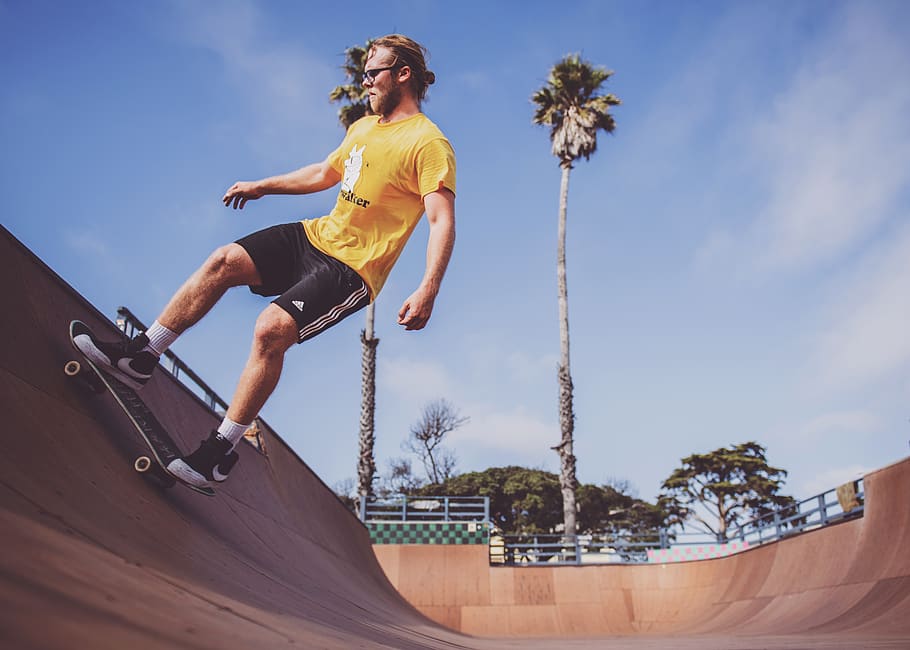 man doing skateboard, sky, full length, one person, tree, low angle view HD wallpaper