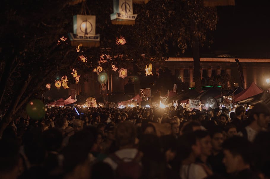 crowd, people, market, night, lights, dark, nz, lanterns, clock tower HD wallpaper