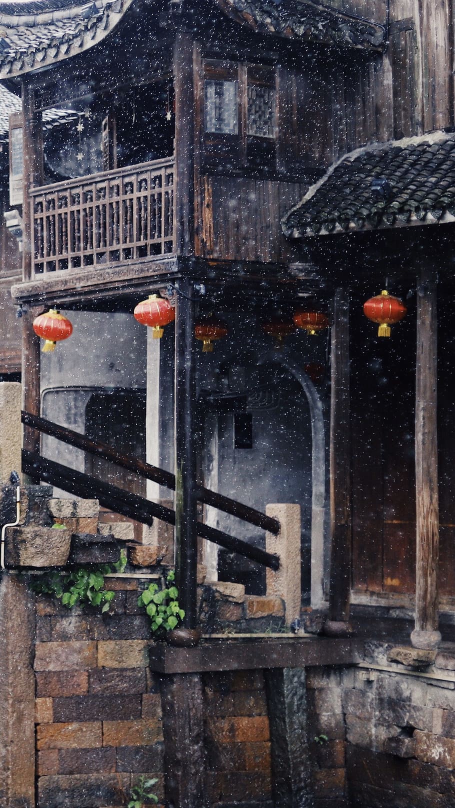brown wooden temple, building, architecture, snow, snowing, chinese building HD wallpaper